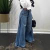 Women's Mid Rise Side Panel Flare Jeans Loose Fit Y2K Raw Hem Wide Leg Denim Trousers