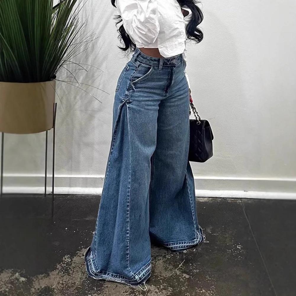Women's Mid Rise Side Panel Flare Jeans Loose Fit Y2K Raw Hem Wide Leg Denim Trousers