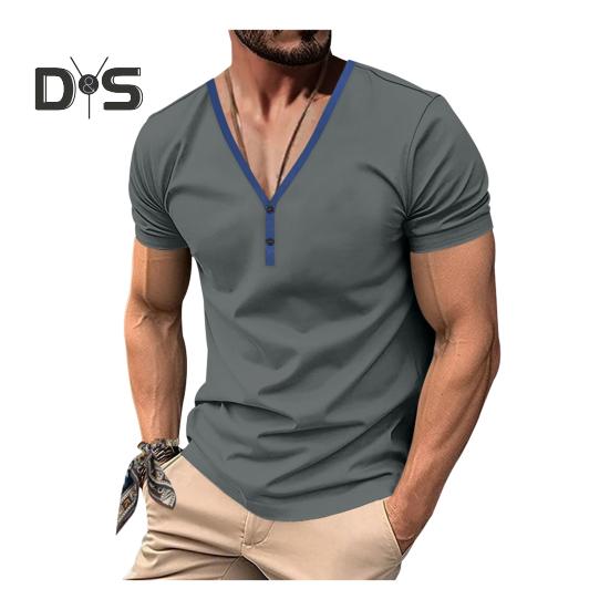 Herren Sommer T-Shirt Kurzarm Geknöpft V-Ausschnitt Kontrastfarbe Slim Fit Lässiger Pullover Mittellanges Oberteil für Outdoor-Sport