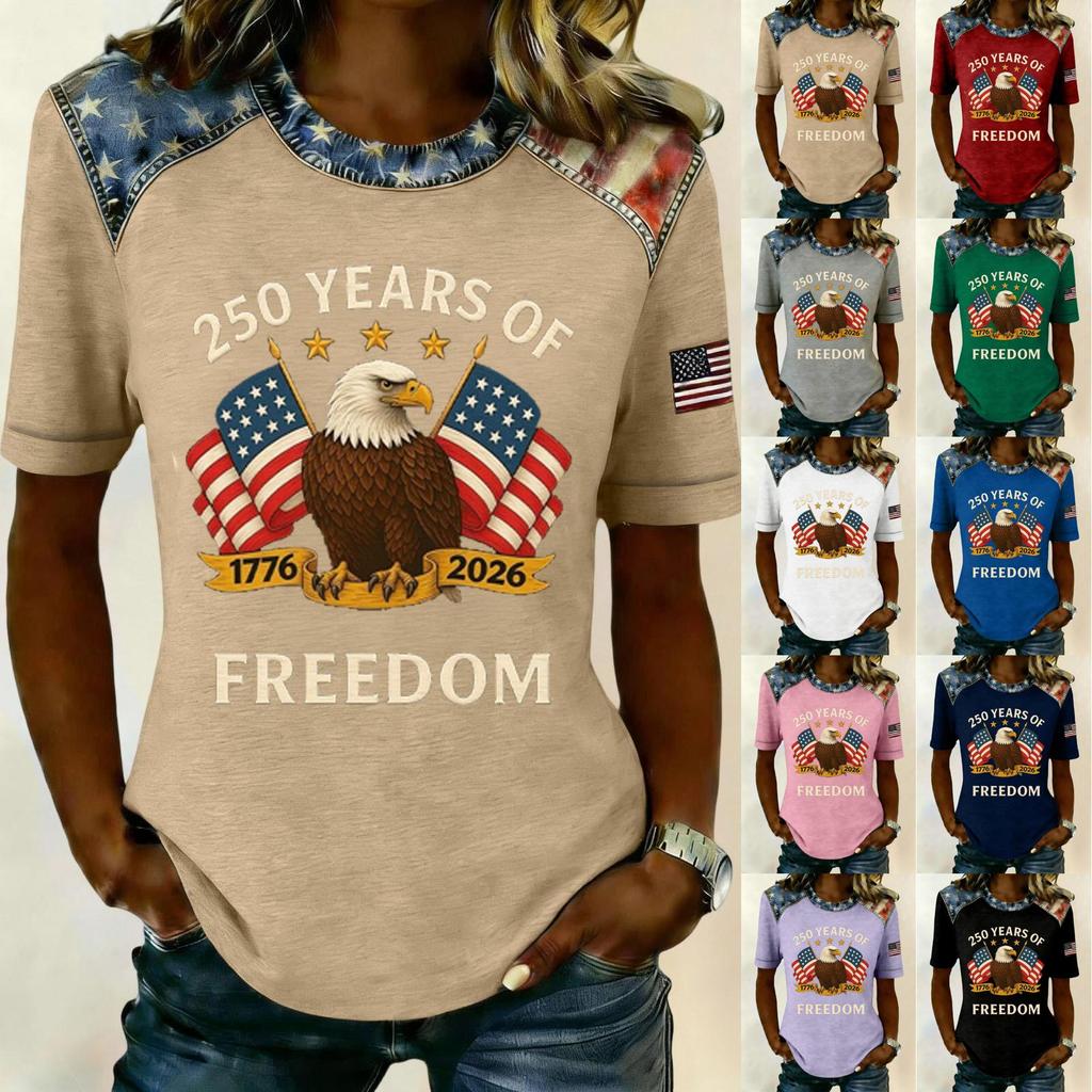 Women's Casual Short Sleeve T Shirt 250 Years of Freedom Patriotic Graphic Tee with Eagle and Flag Print Comfortable Fit