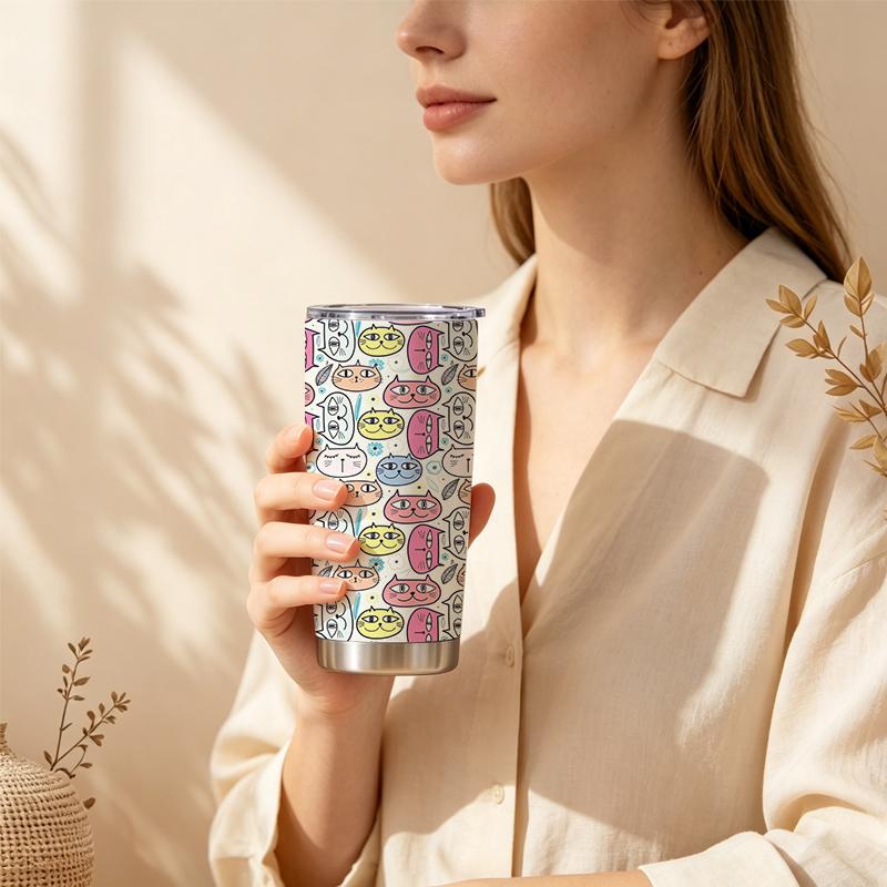 Car Tumbler 591ml Cat Avatar Floral Element Straw Cup Hot Cold Cup 20oz Car Straw Cup Straight Tumbler Insulated Travel Cup