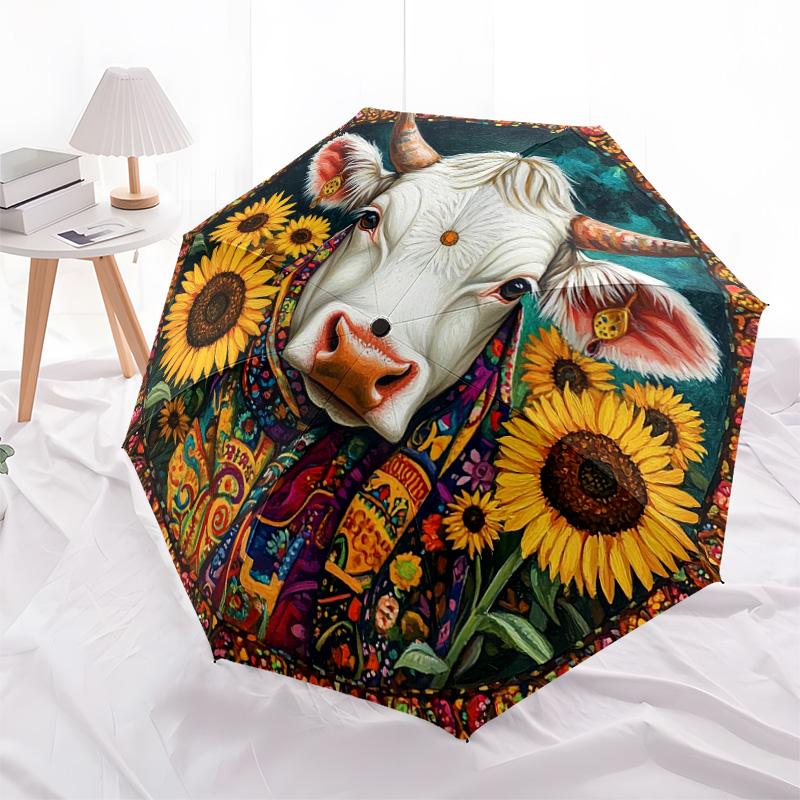 1 PC Automatic Folding Umbrella - Cow with Sunflowers Pattern, Portable & Foldable Design with 8 Ribs, Christmas Birthday Gifts