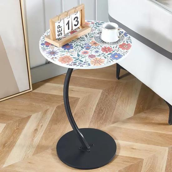 C-shaped Side Table with Floral Tabletop Metal Frame Office Living Room Bedroom