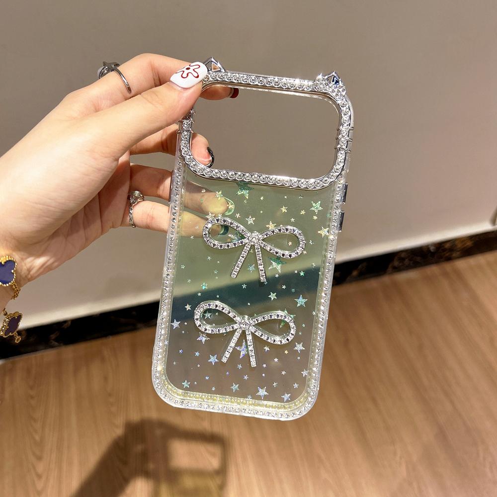 KEYSION Cute 3D Cat Ear Transparent Phone Case for iPhone 14 15 Pro Max 14 15 Plus Glitter Jewelled Bowknot Shockproof Back Cover