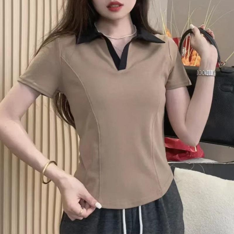 

Хлопковая футболка с воротником поло, женская футболка с короткими рукавами, лето 2024, новинка 2024, повседневная футболка с воротником поло, универсальный модный топ с плечами