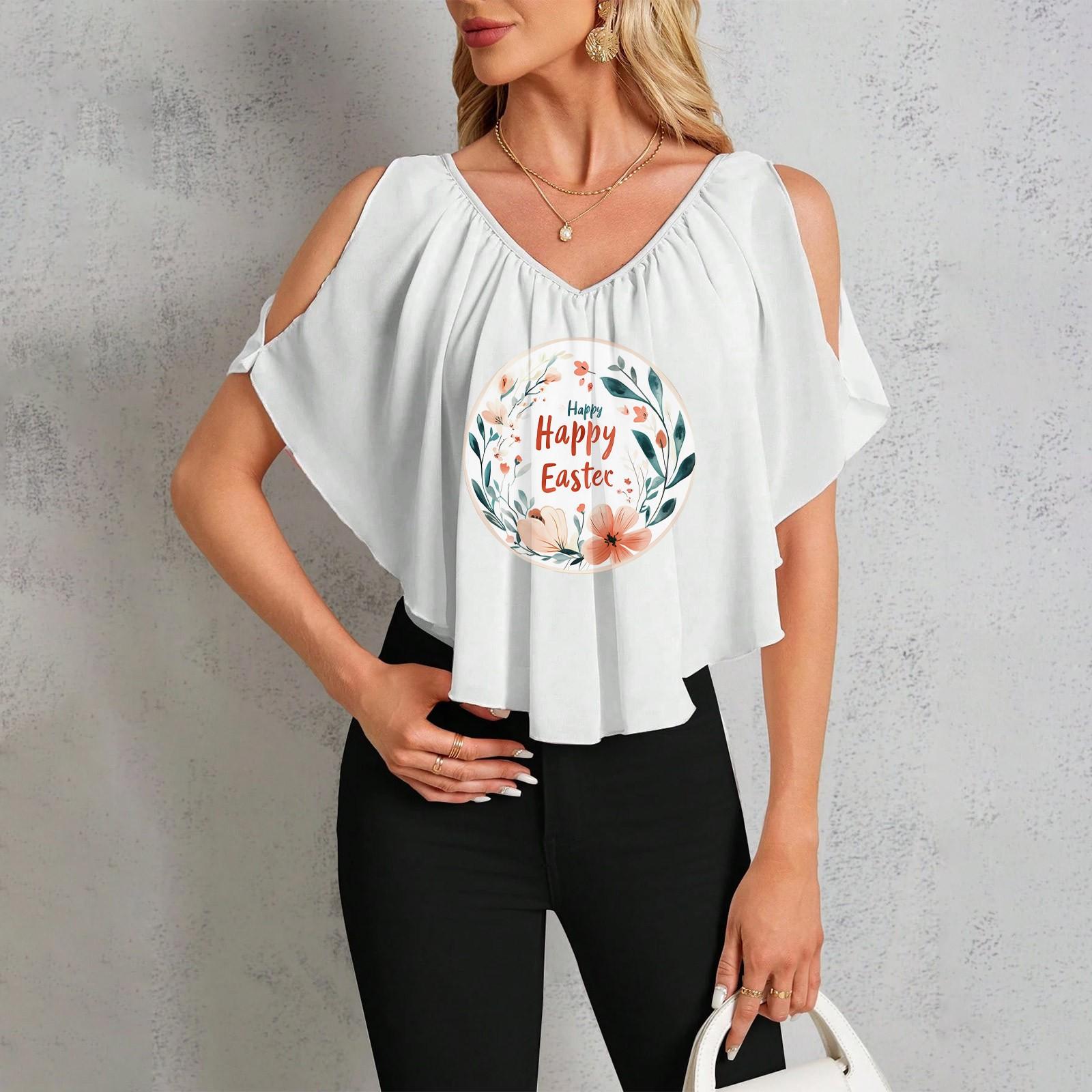 

Women s Casual V-Neck Off-Shoulder Hawaiian Print T-Shirt XL білий