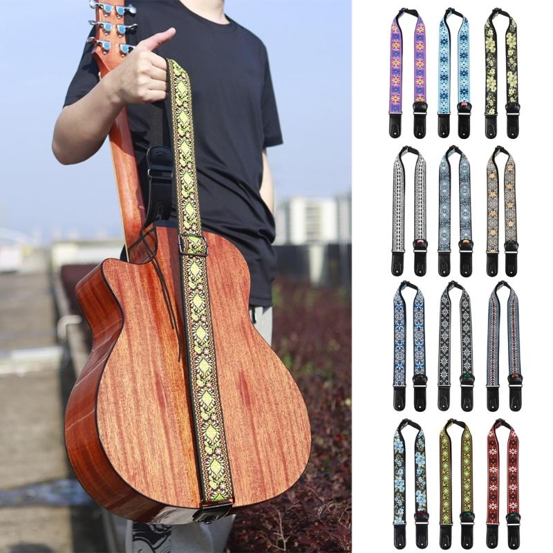 National Style Guitar Strap with Pick Pocket Adjustable Soft Cotton Shoulder Strap Leather Ends Guitar Straps
