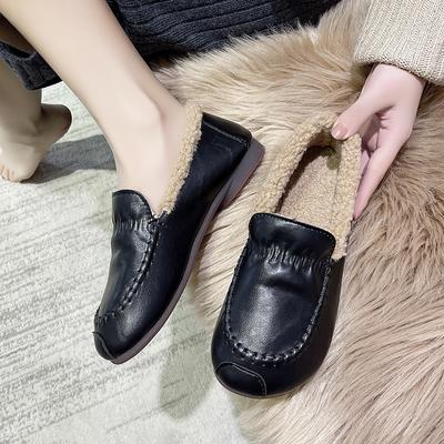 2024 New Casual Winter Plush Loafers Women Black Ankle Boots Warm Non-slip Flat Fur Slides Mom Soft Leather Moccasin