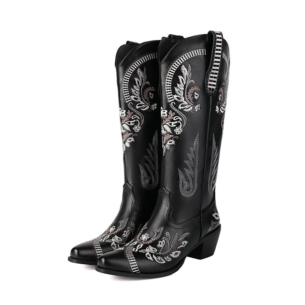 Western Cowboy Boots for Women Embroidered Knee High Cowgirl Tall Boots Chunky Heel Retro Shoes for a Sorority Social Event
