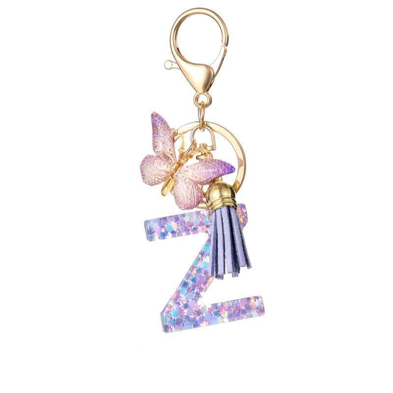 A-Z Alphabet Resin Keychain Purple Butterfly Tassel Pendant Classic Retro Durable Women Bag Accessory Practical Backpack Hanging Charm