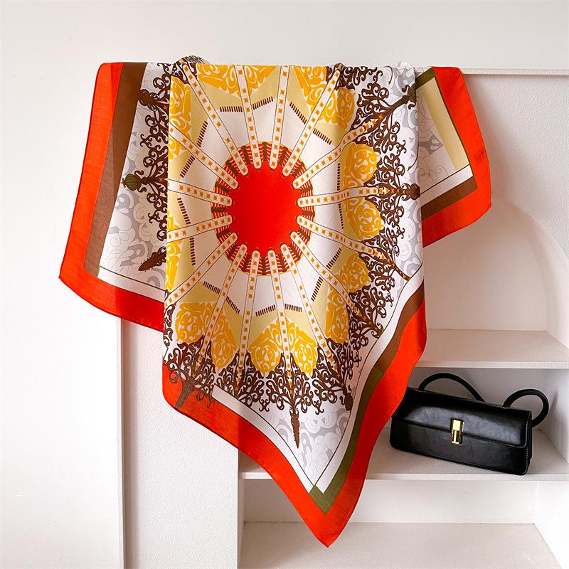 

French Elegance And Versatility 90Cm Imitation Silk Large Square Scarf Retro Printed Shawl Herringbone Scarf Headscarf Women 90x90cm
