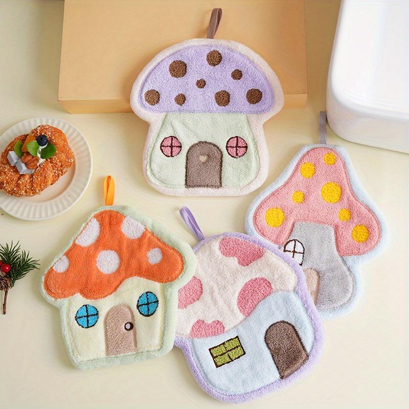 4pcs Mushroom House Hanging Coral Fleece Hand Towel Lint-Free Absorbent Bathroom Towels Gift