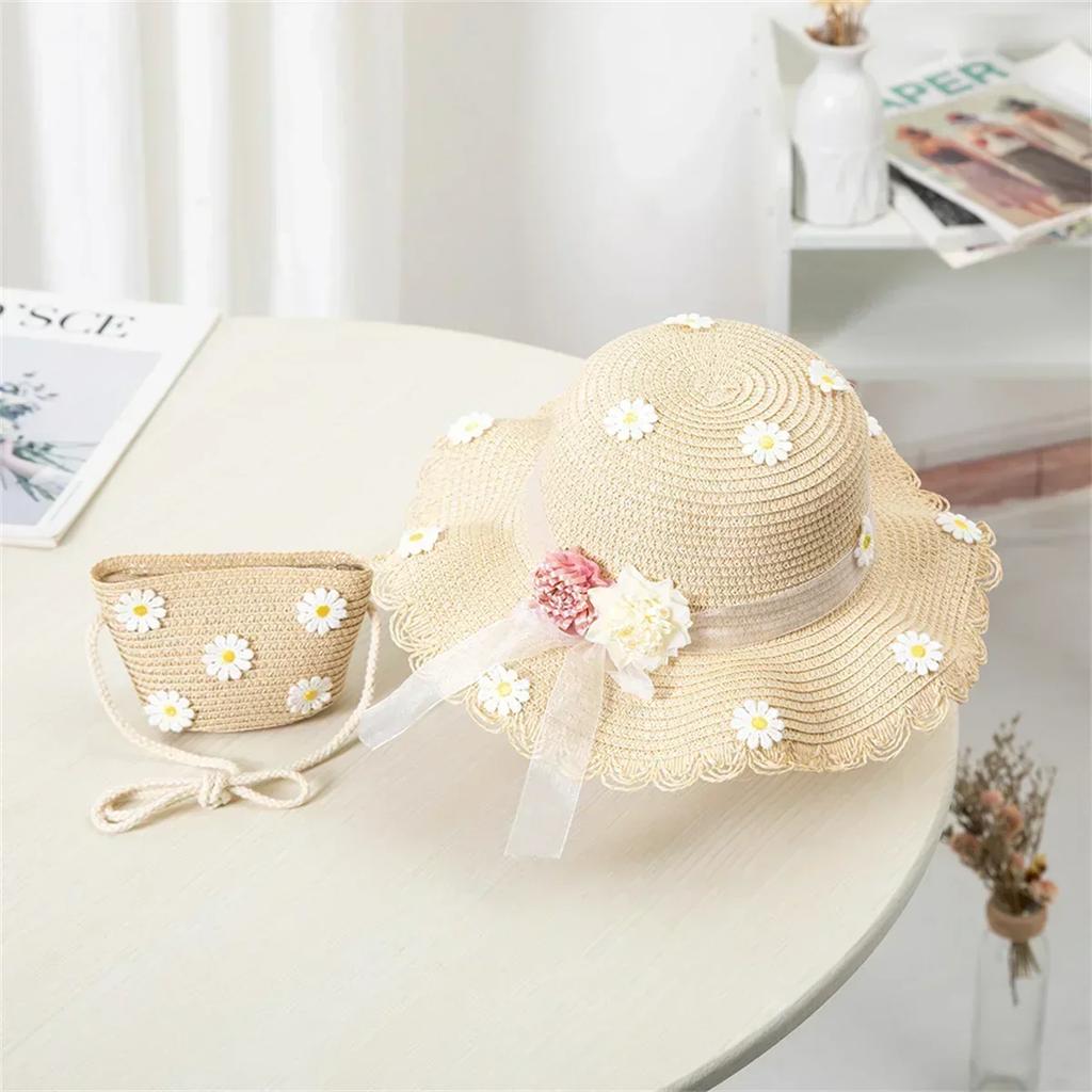 Girls' Straw Hat Bag Matching Travel Sun Hat Flower Children's Sun Hat Outdoor Fashion Fisherman Hat Sunscreen Hat Amagi