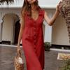 Abito midi estivo da donna con colletto a revers, scollo a V, senza maniche, stile camicia, casual, tinta unita, monopetto, con tasche