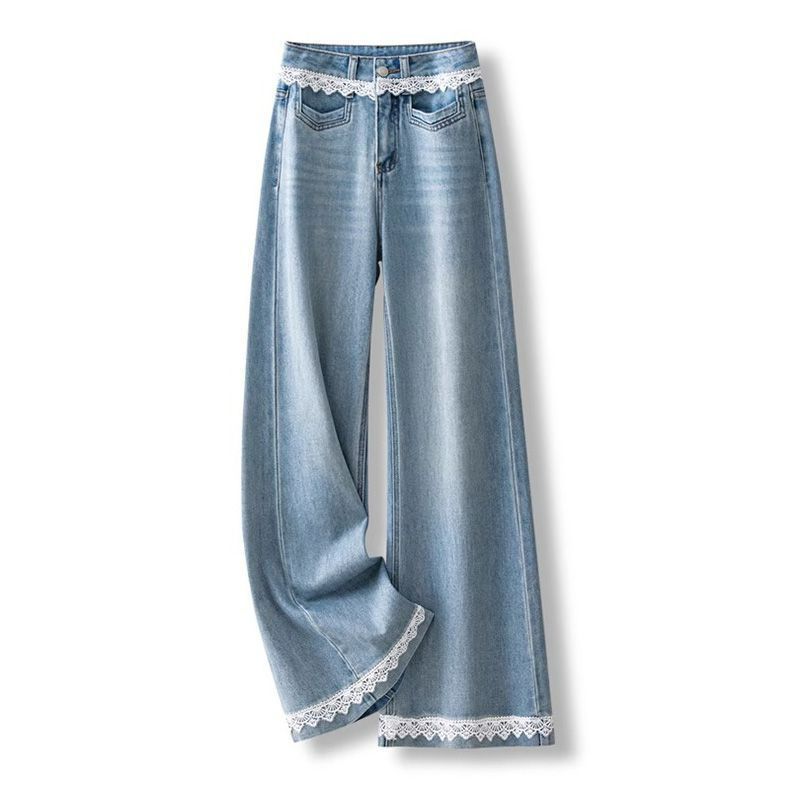 

Light Blue Jeans Women Loose Splicing Lace Lace High Waist Dragged Ground Wide Leg Flared Pants Retro Street Style Baggy Long Jeans for Ladies 4XL