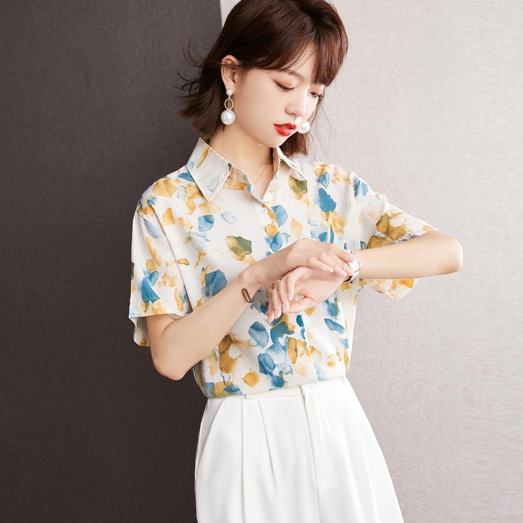 Women's Printed Shirt Fashion and Beautiful Chiffon Shirt Spring and Summer Medium Sleeve Top Lapel Shirt Foreign Style Shirt