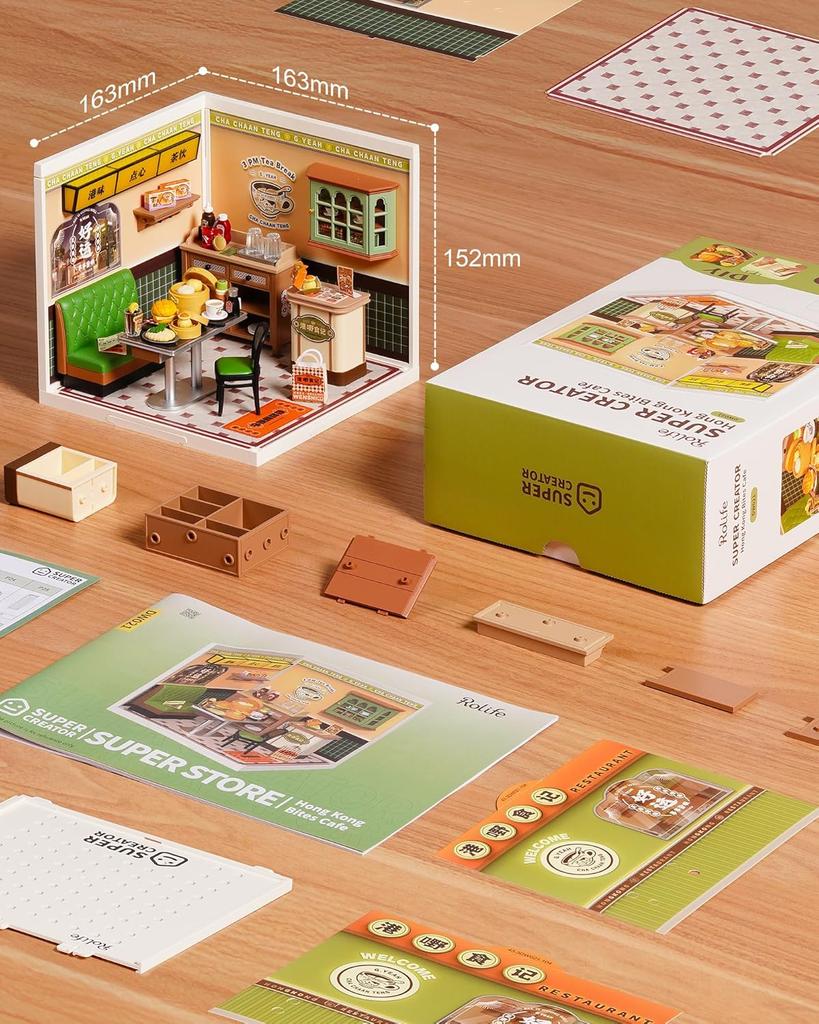 Robotime Super Creator DIY Miniature House Kit Model Kits for Adult to Build Home Desk Bookshelf Decoration Hong Kong Bites Cafe