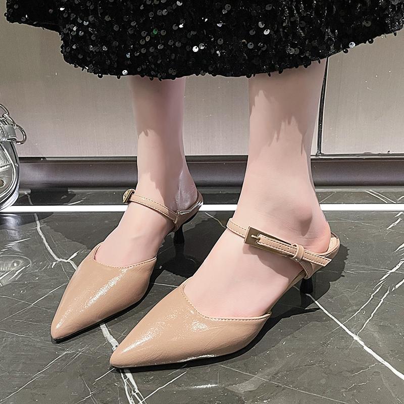 Fashion Baotou Mid-heel Shoes Summer New Pointed Head Shallow Mouth Metal Buckle Set Foot Anti-slip Wear-resistant Slippers