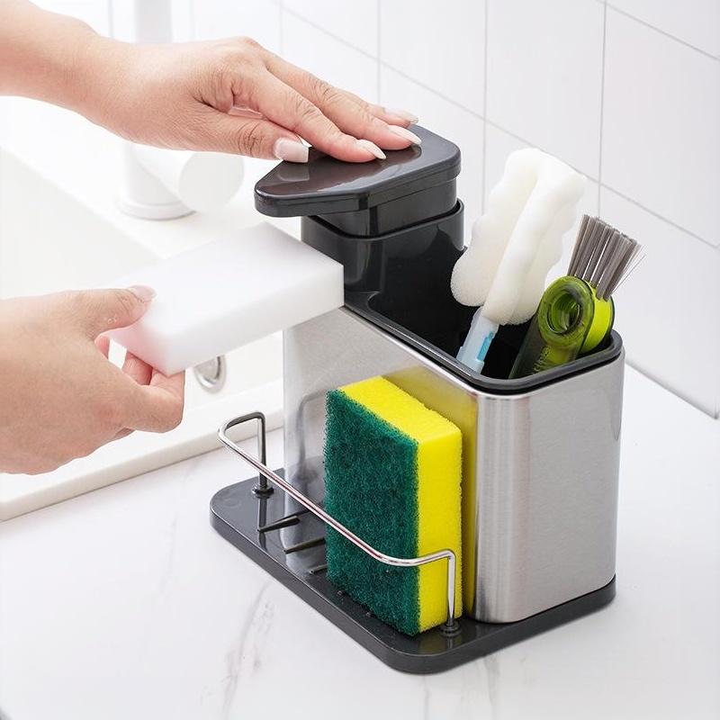 3 In 1 Kitchen Sink Storage Rack Stainless Steel Soap Dispenser Sponge Holder Easy to Clean for Dishwashing Countertop Organization