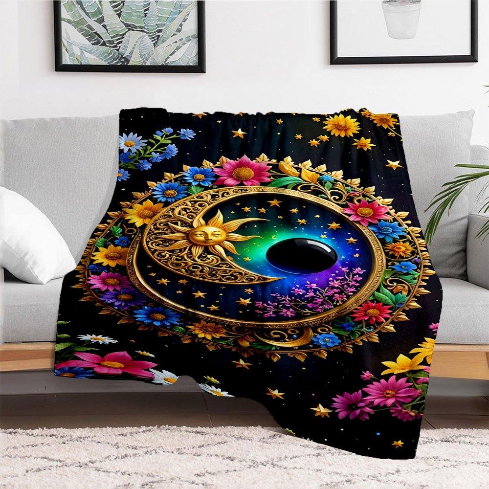 "Colorful Floral Celestial Wall Art Decor"Blanket Flannel Throw Blanket for Sofa, Bed, Travel, Camping, Office