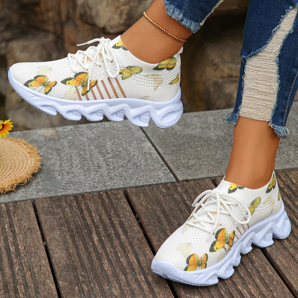 Модные женские вязаные кроссовки с принтом бабочек — фото 3