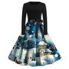 Women's Fashion Round Casual Slim Fit Christmas Print Large Swing Long Sleeve Dress