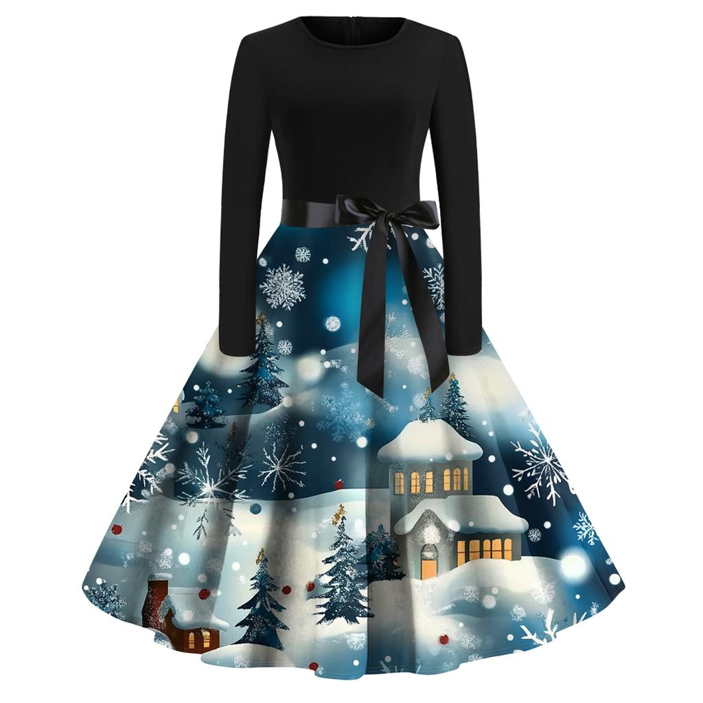 Women's Fashion Round Casual Slim Fit Christmas Print Large Swing Long Sleeve Dress