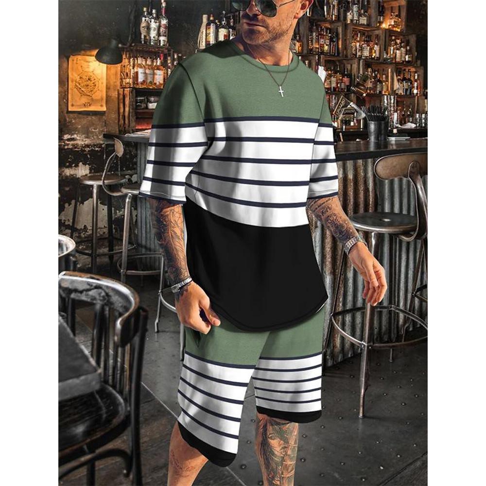 Summer Fashion Stripe 3D Print T-Shirts Shorts Sets Men Tracksuits Oversized Short Sleeve T Shirt Pants Set Clothing