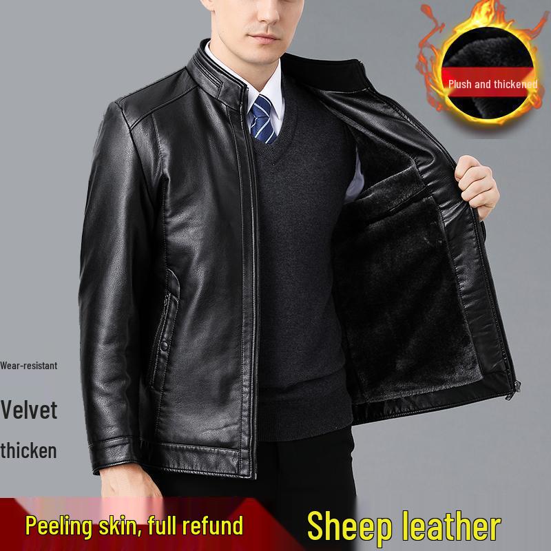 Men's Shearling Leather Jacket with Fleece Lining for Middle-Aged and Elderly Dads