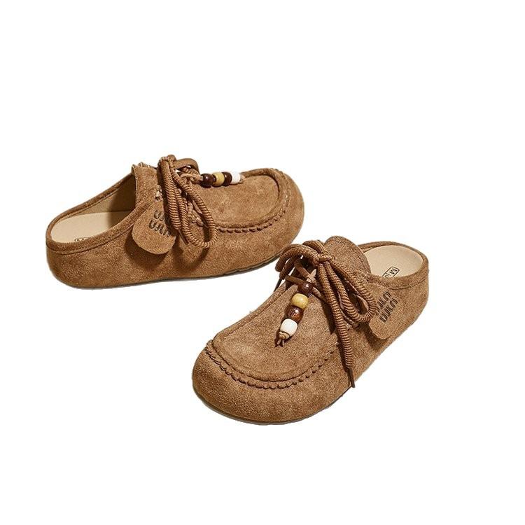 Retro Dicksohlige Perlenbesetzte Tasche Kopf Boken Halbschuhe Damen Ein-Pedal Dicksohlige Literarische Mori Vielseitige Mules