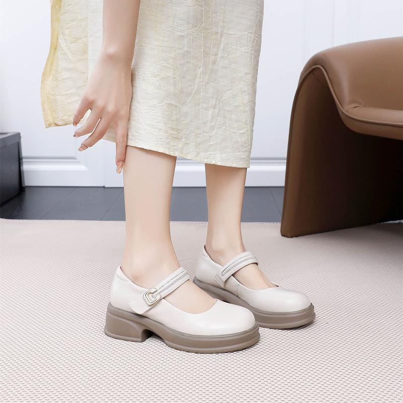 New Thick-soled Leather Shoes for Women with Large-size Thick-heeled Loafers Shallow Mouth Mary Zhen Women's Singles Shoes