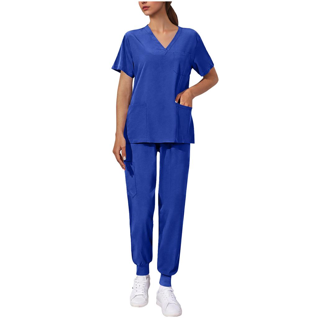 Women's Uniform Quick,drying Fabric Color V,neck Pocket Short,sleeved Trousers Suit Uniform Suit