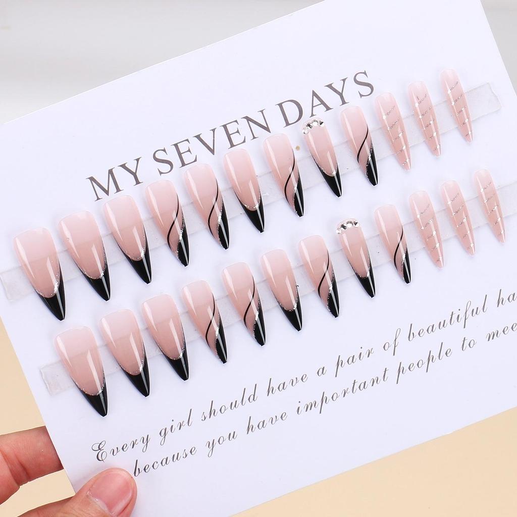 Bestseller 24-teilige Französische Schwarzkanten-Aufklebenägel mit gestreiftem Glitzer und Strasssteinen