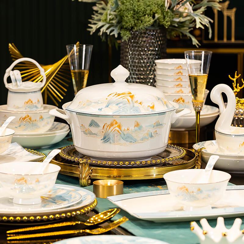 Panlu Jingdezhen New Chinese Style Hand-painted Gold Rim Ceramic Dinnerware Set