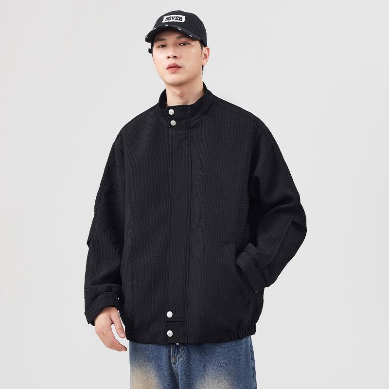 Solid Color Stand-Up Collar Jacket Men'S Season Loose Large Size Plaid Trendy Brand Versatile Jacket Trendy Casual Jacket