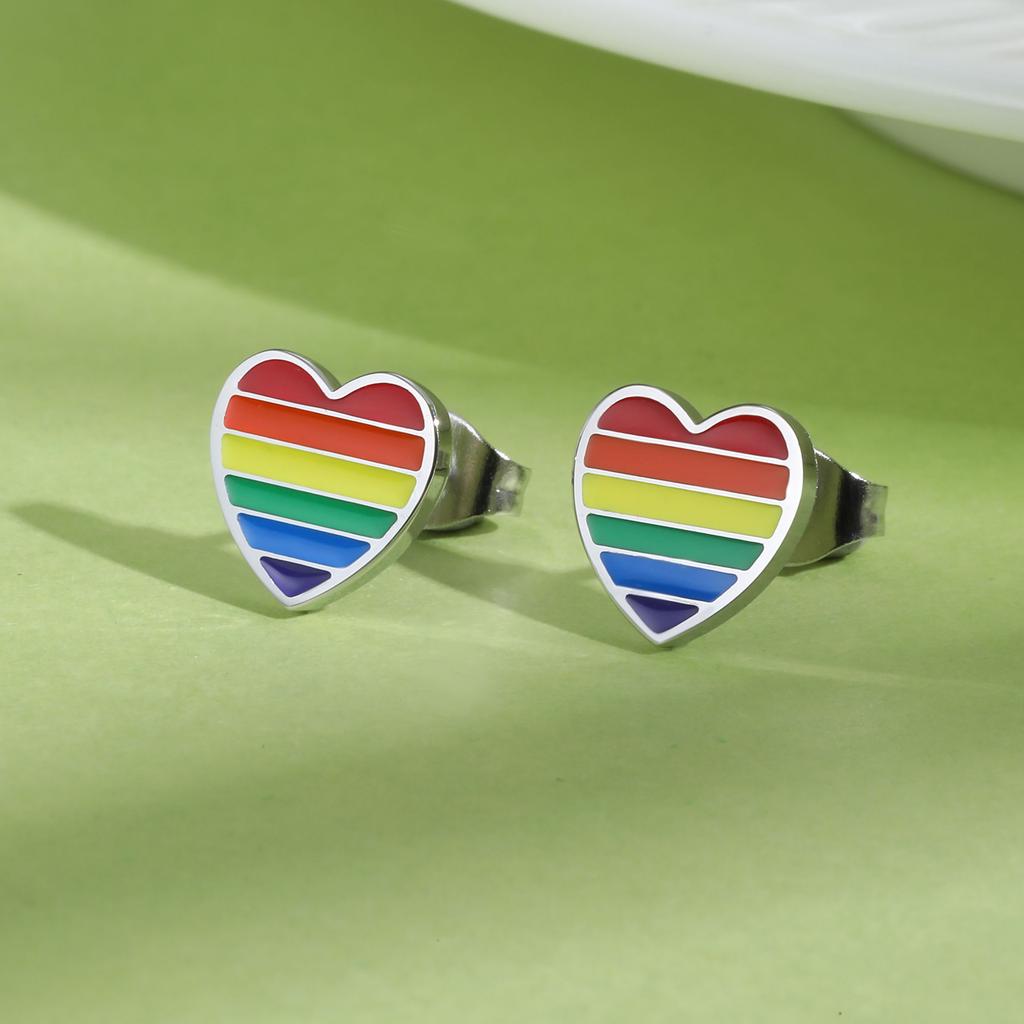 Vnox Stainless Steel Rainbow Heart Earrings For Women,Dainty Women's Stud Earring,Fashion Jewelry With Metallic Shine Party Wear