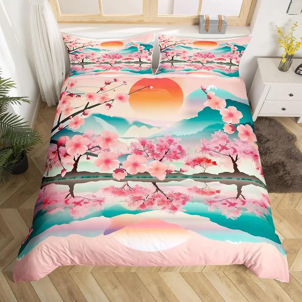 Japanese Landscape Duvet Cover Set for Teens Adults Queen Quilt Covers Lightweight Down 2 Pillowcases 1 Duvet Cover No Comforter