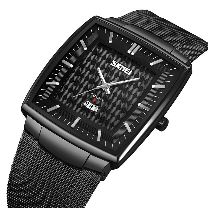 Skmei Analog Quartz Calendar Watches Original Brand Stainless Steel Mesh Strap Mens Fashion Waterproof Wristwatch with Luminous