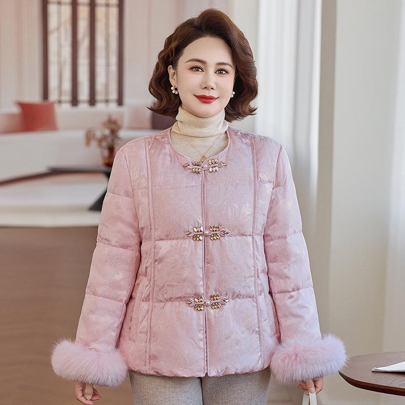 Women's Winter 2025 Jacquard Fox Fur Down Jacket - Short, Round Neck, White Duck Down, New Chinese Style Mother's Coat