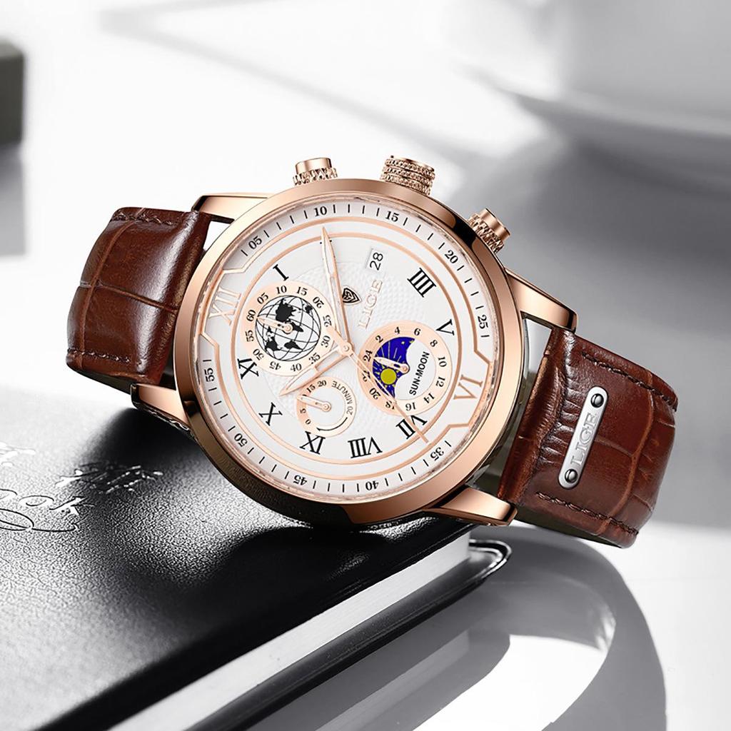 LIGE Men's Quartz Multifunctional Waterproof Watch - Three-Eye Six-Hand Design