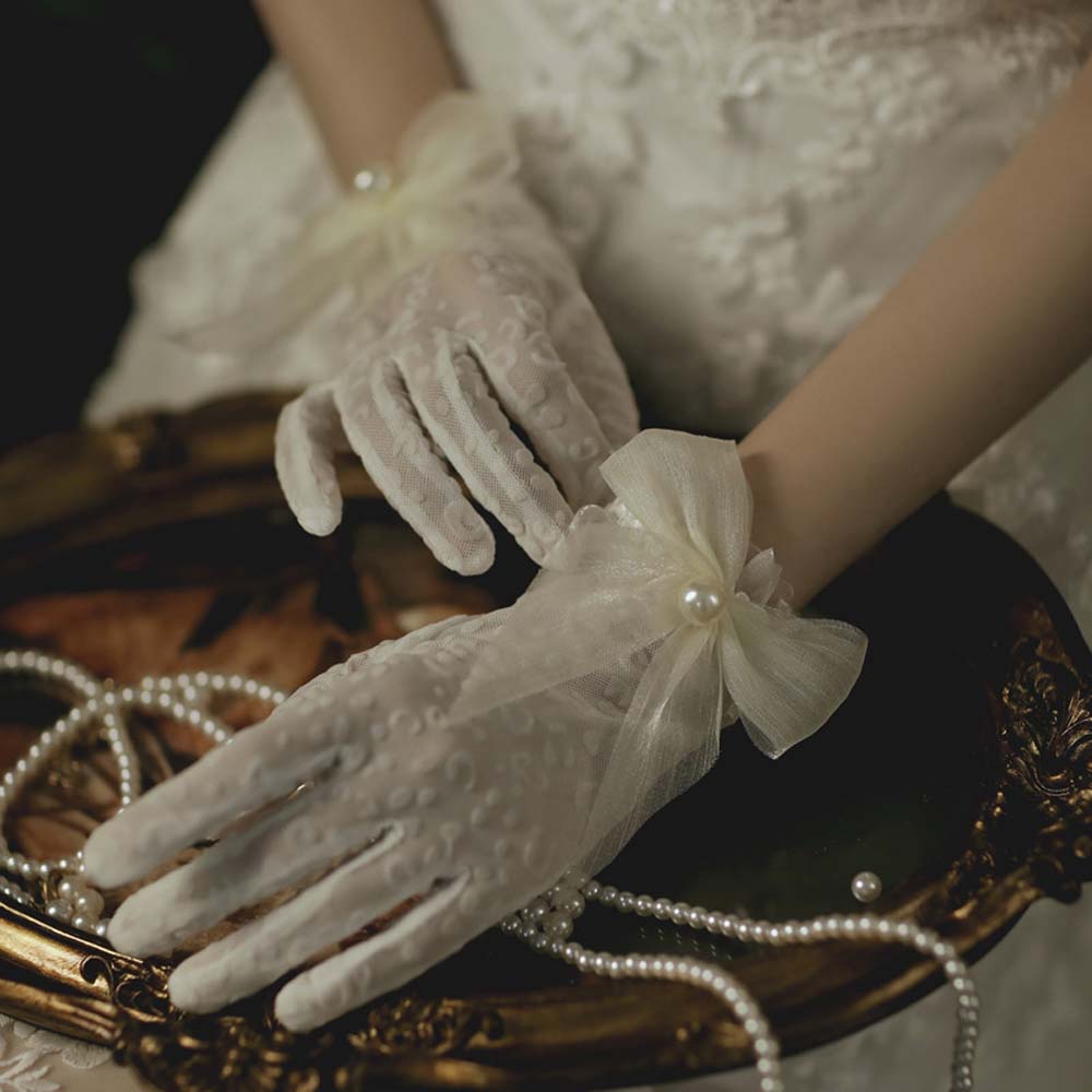 

Elegant Sunscreen Wedding Girls Women Pearls Lace Bow Gloves Bridal Mittens White Gloves Ruffle білий