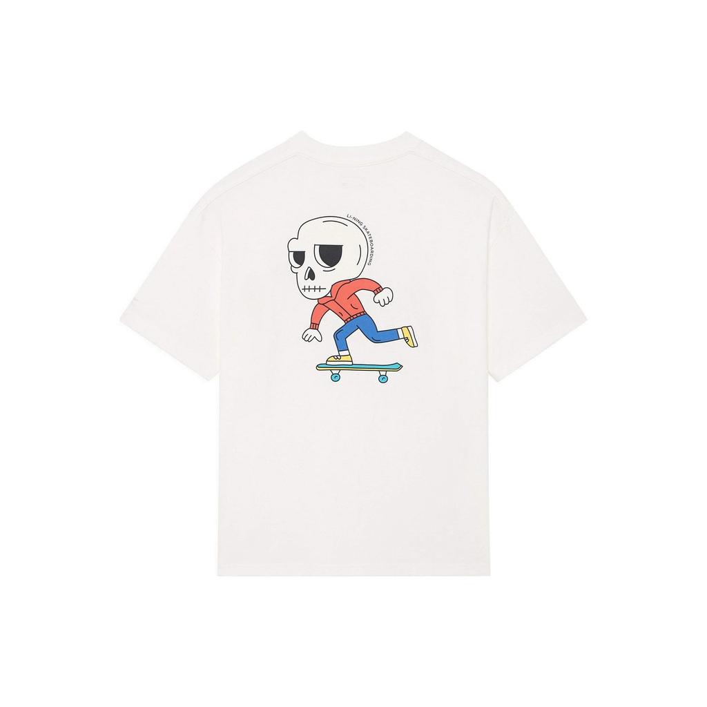 Li Ning X Pablo Ientile Collaboration Skateboard Series Cartoon Skull Print Loose Short Sleeve T-Shirt Unisex Tops Off-White AHSS863-2