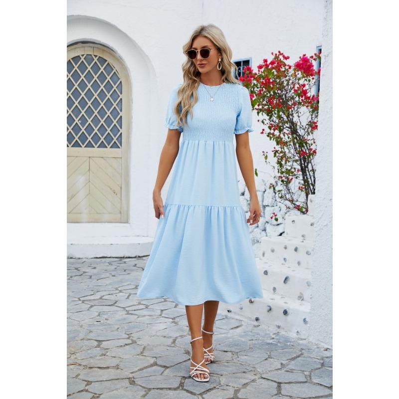 Summer Women's Dress Solid Color Round Neck Patchwork Short Sleeve Dress