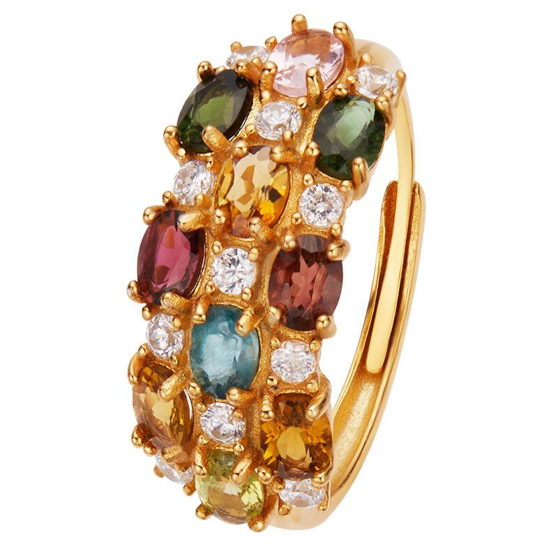 S925 Sterling Silver Natural Gemstone Tourmaline Ring Women'S Multicolor Treasure Ring Index Finger Ring