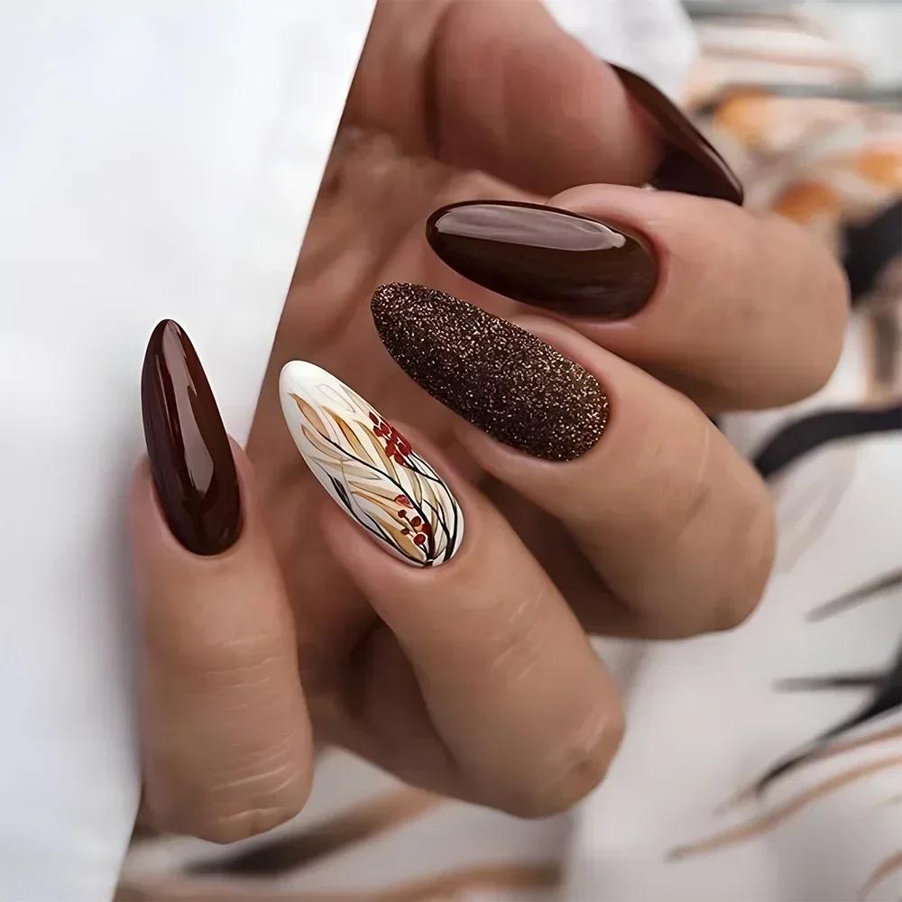 24Pcs Autumn Winter Matte Almond False Nails with Glue Rose Leaf Printing Nail Art Simple Full Cover Press On Acrylic Nails Tips