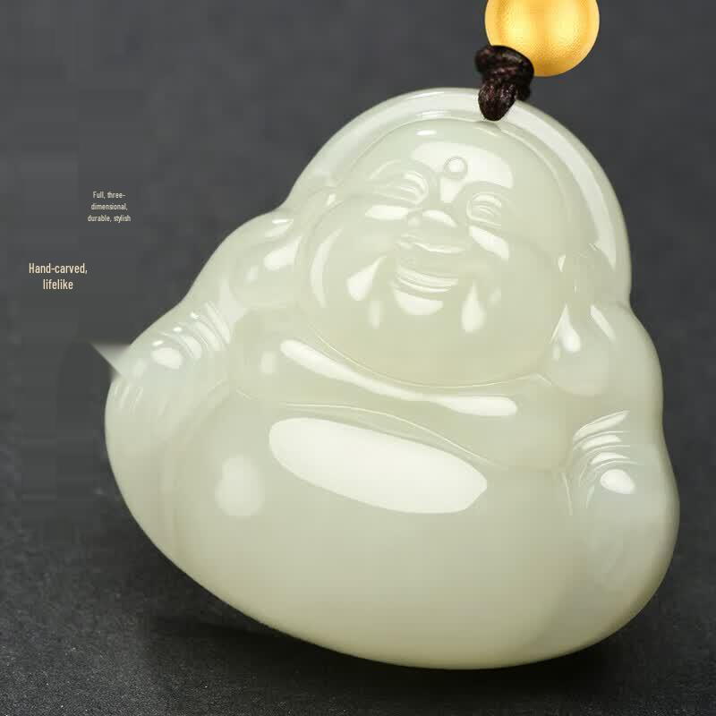 Fengxi Natural Hetian Jade Happy Buddha Pendant with Gold Beads