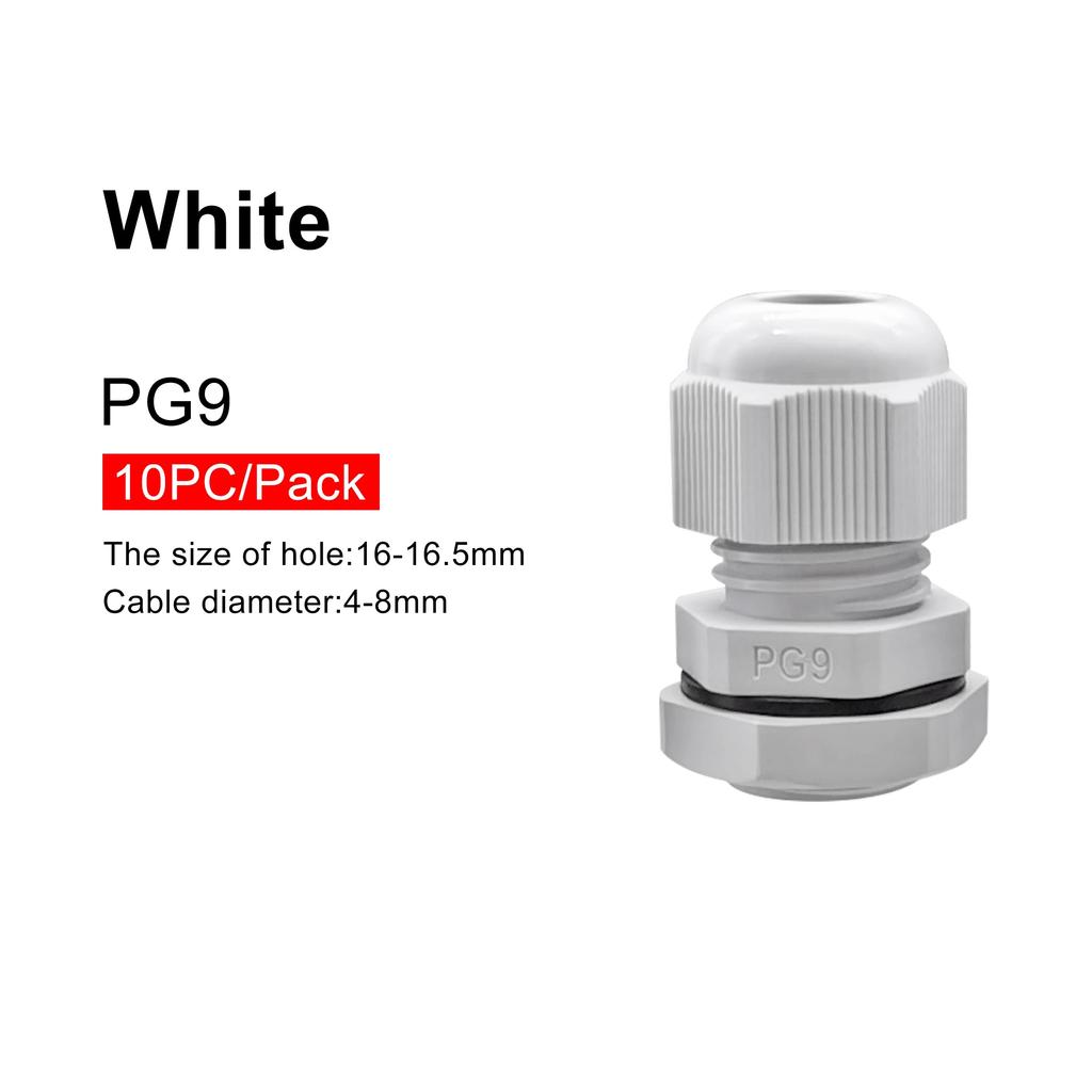 Wasserdichte Kabelverschraubung, 10 Stück, Kabeleinführung IP68, PG7, PG9, PG11, PG13.5, PG16, weiß, schwarzer Nylon-Kunststoffstecker