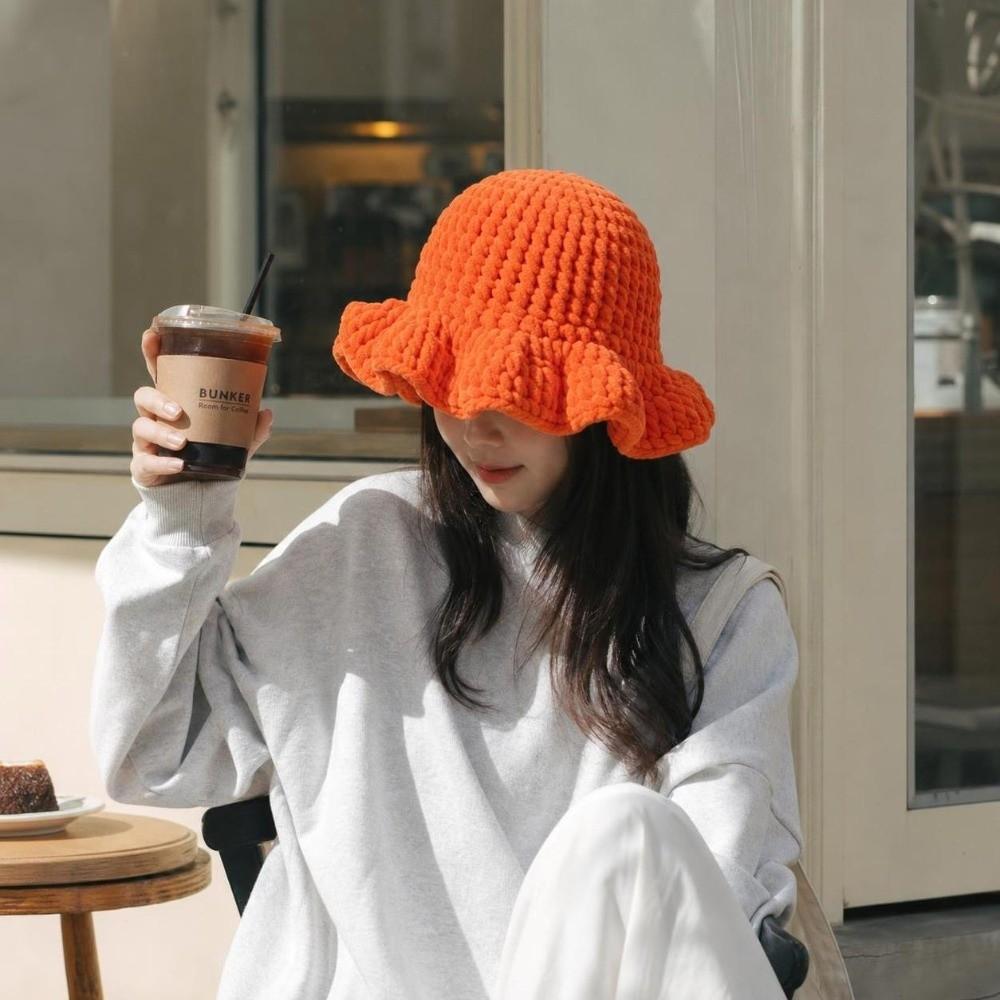 Sweet Ruffled Edge Fisherman Hat Cable Knit Winter Warm Bucket Hat Windproof Knitted Beanie  Women