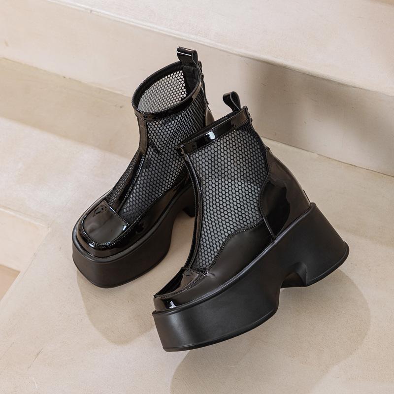 Leather Mesh Martin Boots Women's Thick Soles 2025 New Summer Hollow Breathable Mesh Boots Women's Heightening Boots Short Boots