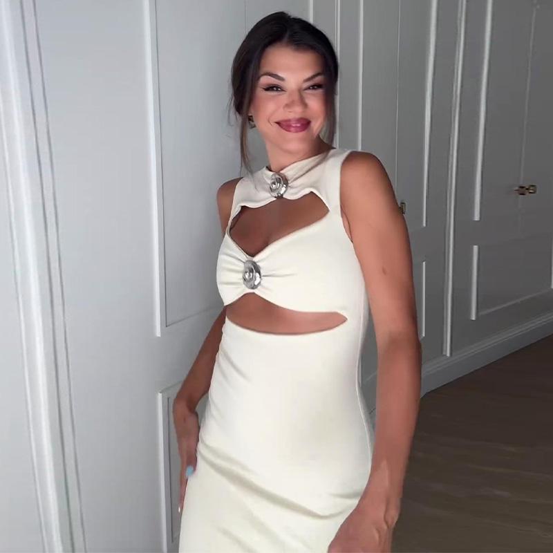 Fashion Sexy Hollow Out Strapless Solid Shell Button Long Dress Women Sleeveless Round Neck Bodycon Evening Party Dress